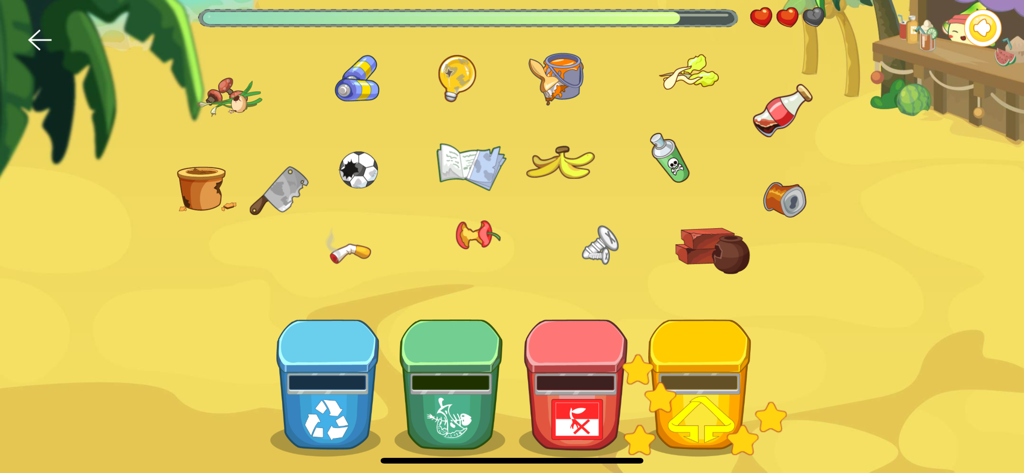 Pantalla de juego educativo de clasificación de residuos con contenedores de reciclaje coloridos y elementos flotantes.