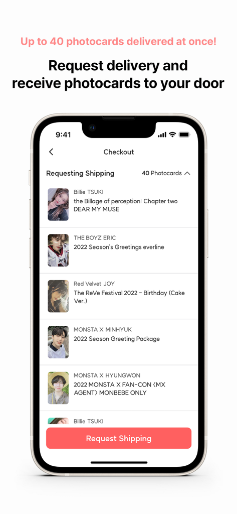 Pocamarket: Get Kpop Photocard - Tela de checkout do aplicativo Pocamarket para solicitar envio em massa de photocards de K-pop.