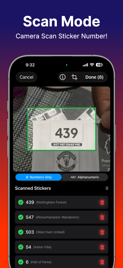 Sticker Collector 26 - Teléfono inteligente escaneando un número de cromo de fútbol usando la función de escaneo de cámara de la aplicación Sticker Collector 26