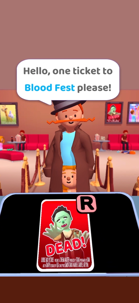 Cinema Tycoon 3D - A customer purchasing a movie ticket in the Cinema Tycoon 3D game