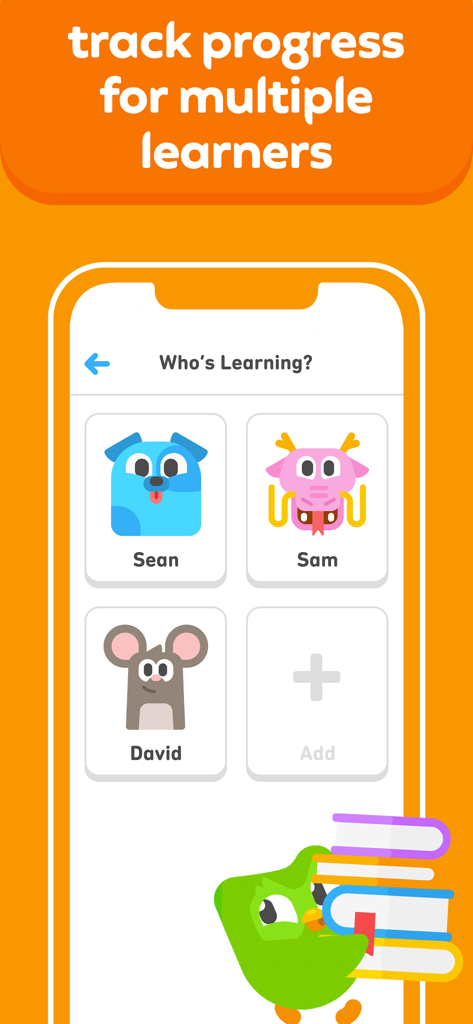 Duolingo ABC interface for tracking progress across multiple learner accounts with colorful character avatars