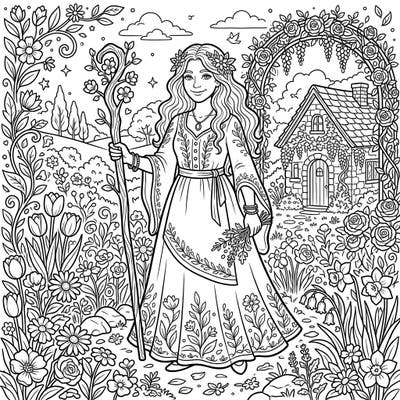 Journey into a whimsical spring garden where a benevolent good witch awaits your creative touch. This enchanting coloring page combines the magic of nature's renewal with a charming character, perfect for a relaxing artistic escape.