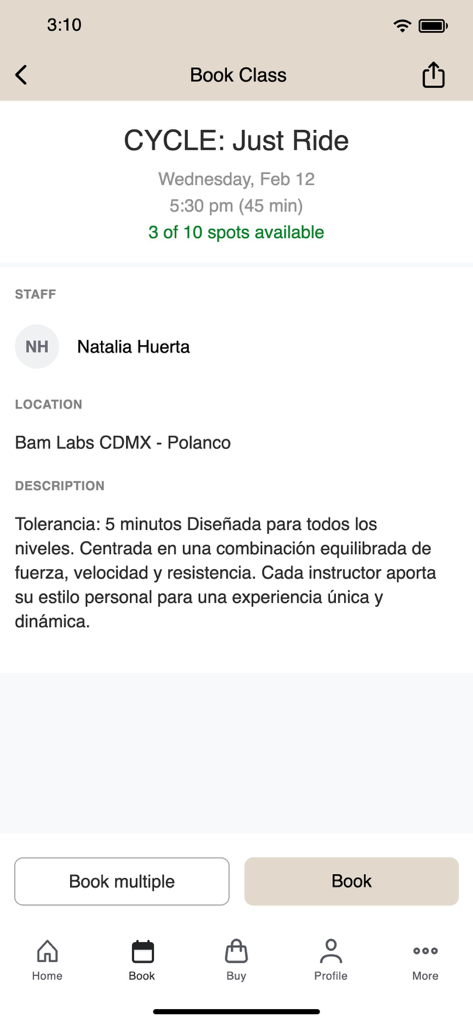 BamLabs Mx - Interfaz de la aplicación BamLabs Mx para reservar una clase de ciclismo con detalles del instructor y la ubicación