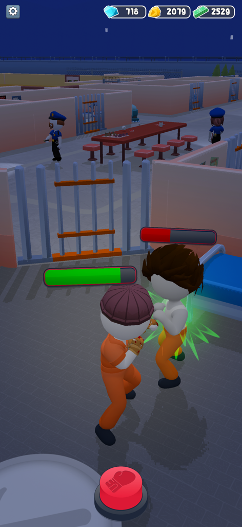 Prison Break-Out - Dos prisioneros con monos naranjas peleando en un bloque de prisión con barras de salud y un botón de puñetazo