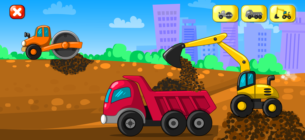 Builder Game - Craft & Paint - 建設現場で、赤いダンプカーに土を積み込むアニメ調のショベルカー。背景にはロードローラー。