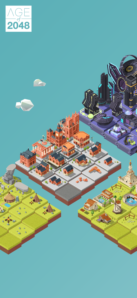 Isometric puzzle game boards showing city development from the Stone Age to the Space Age in Age of 2048.
