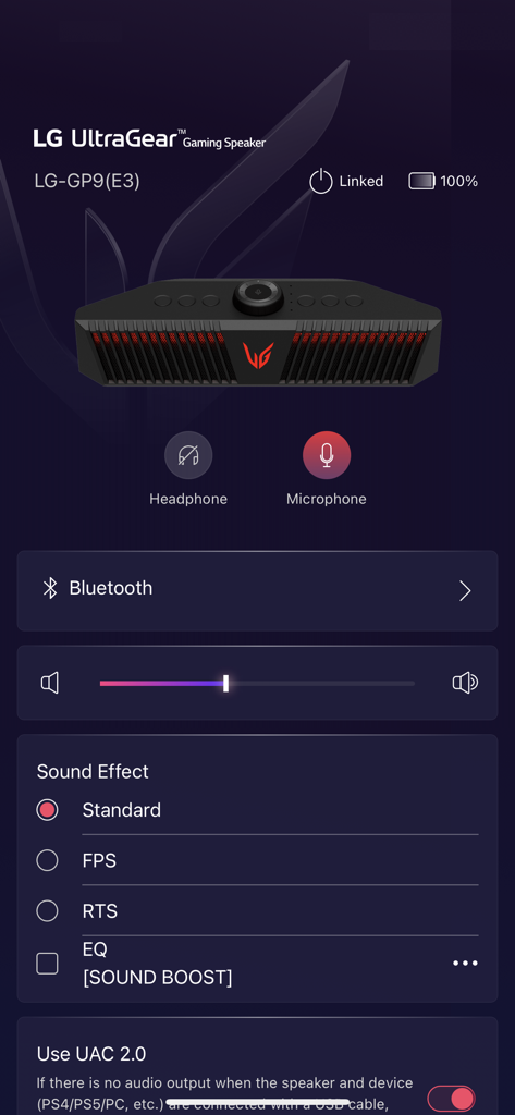 LG XBOOM – 2024 and earlier - Interfaz de la aplicación LG XBOOM para controlar un altavoz para juegos UltraGear con efectos de sonido como FPS y RTS