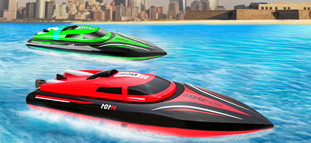Boat Racing Driving Game 3d - Two high-speed powerboats racing on the water near a city coastline