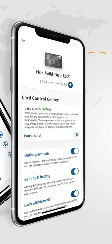 complete Control app interface showing the Card Control Center with Visa card management and security toggle settings.