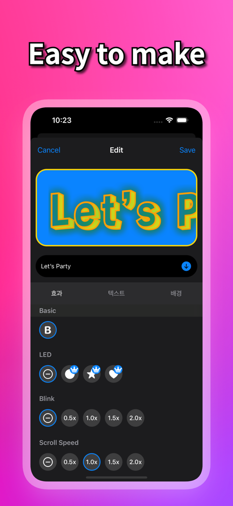 LED Banner, Scroller - Interfaz de la aplicación Banner LED mostrando la configuración de personalización para el color del texto, efectos de parpadeo y velocidad de desplazamiento