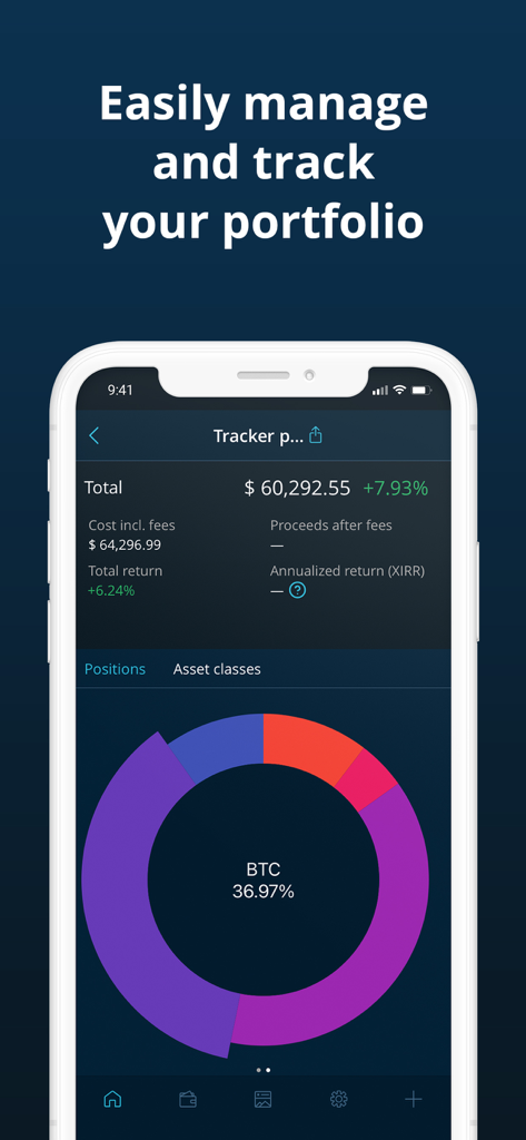 HODL app portfolio screen showing total balance and crypto asset allocation chart