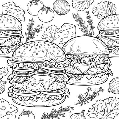Explore a mouth-watering collection of gourmet cheese burgers in this detailed coloring template. Perfect for food enthusiasts, this design features premium ingredients waiting for your creative touch.