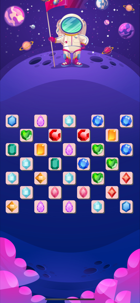 Tiles Match Puzzle for Watch - Captura de pantalla del juego de Tiles Match Puzzle que muestra un tema espacial con un astronauta y azulejos de gemas.