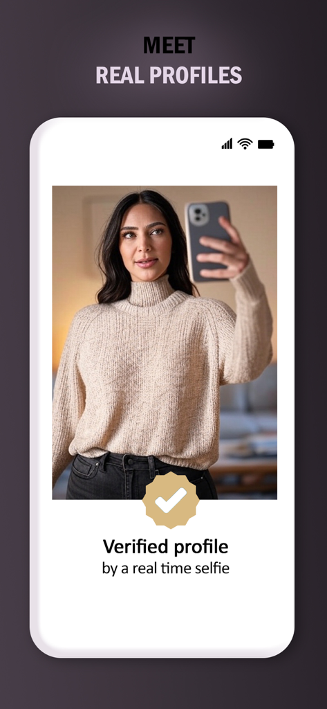 Screenshot of the Waiter dating app showing a verified profile with a real-time selfie badge