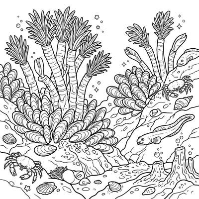 Dive into an alien world with this fascinating cold seep communities coloring page, featuring incredible tube worms, mussels, and deep-sea creatures. It's a perfect way to explore the wonders of the ocean's depths through art and imagination.