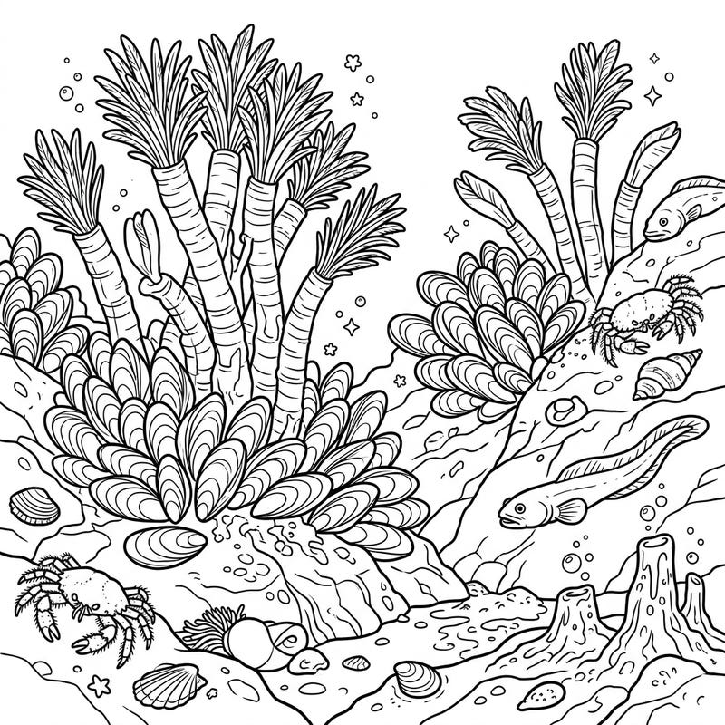 Dive into an alien world with this fascinating cold seep communities coloring page, featuring incredible tube worms, mussels, and deep-sea creatures. It's a perfect way to explore the wonders of the ocean's depths through art and imagination.