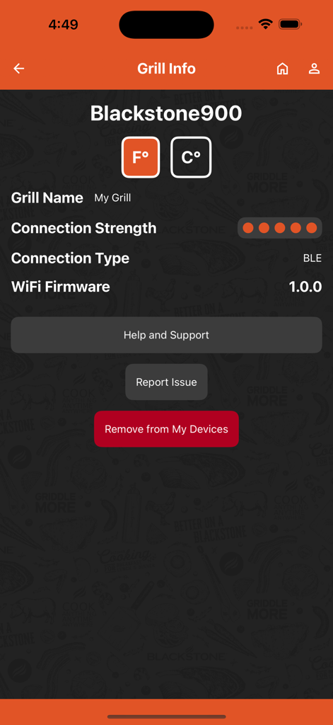 Blackstone Connect app screen displaying grill information connection strength and firmware details
