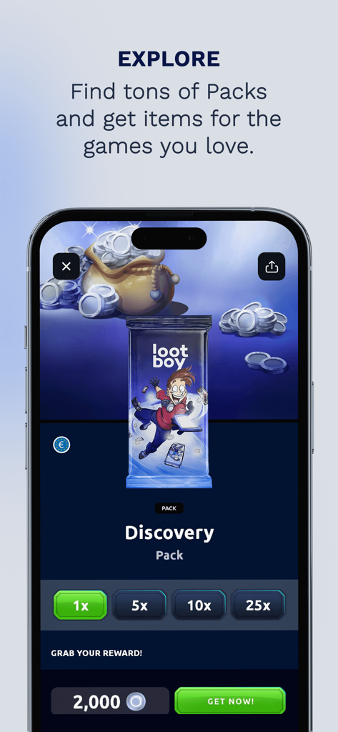 LootBoy mobile app interface showing a discovery pack with options to purchase and collect gaming rewards