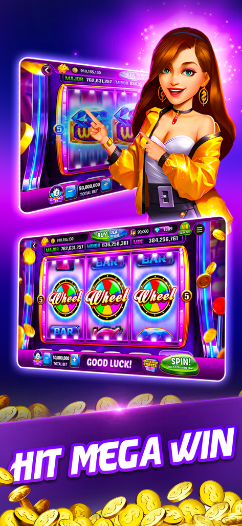 A woman in a yellow jacket pointing at a casino slot machine with the text Hit Mega Win and falling gold coins