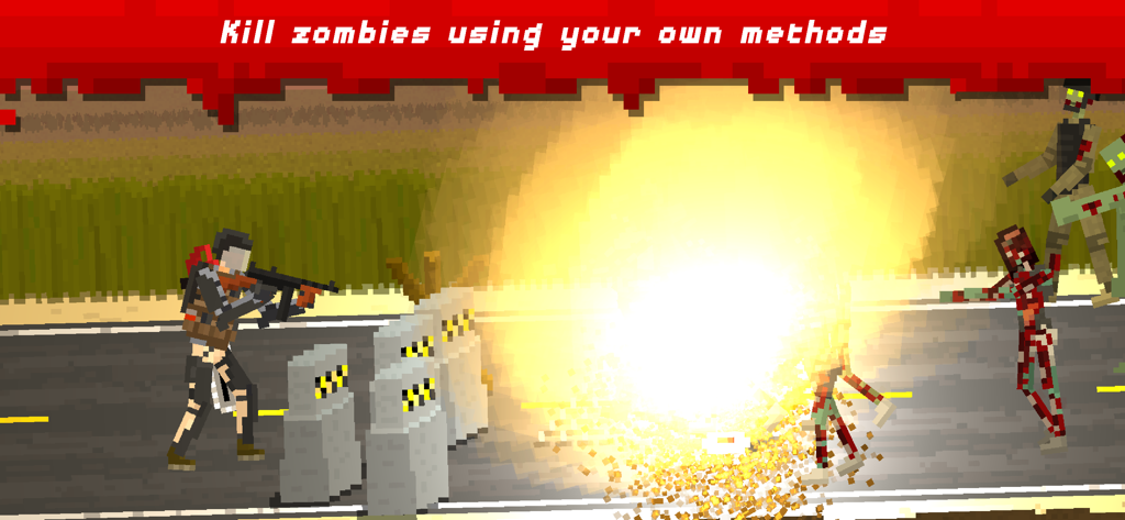They Are Coming Zombie Defense - Un sopravvissuto in pixel art spara a un'orda di zombi con un grande effetto esplosione su una strada