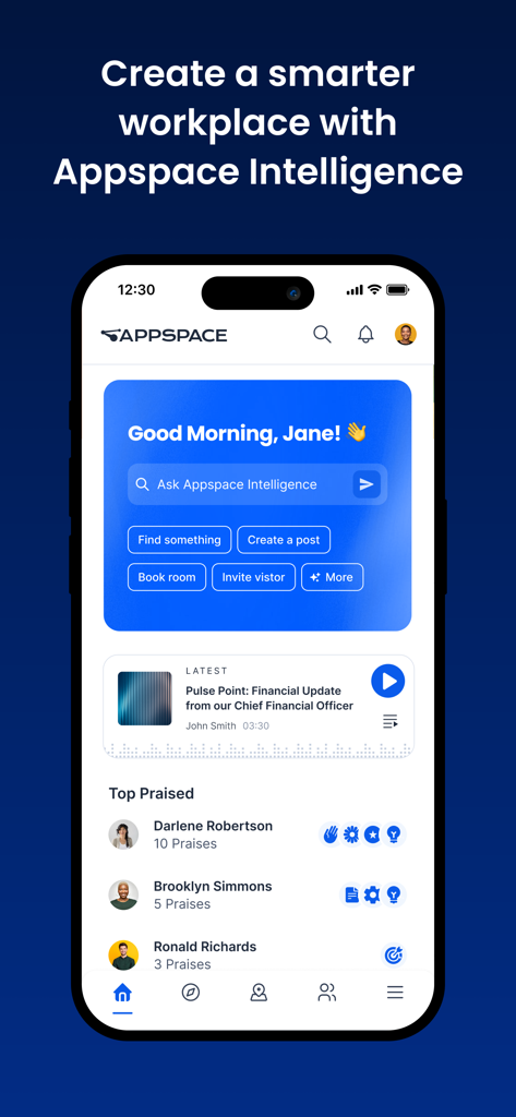 Appspace - Appspace mobile app home screen displaying workplace intelligence features and employee recognition