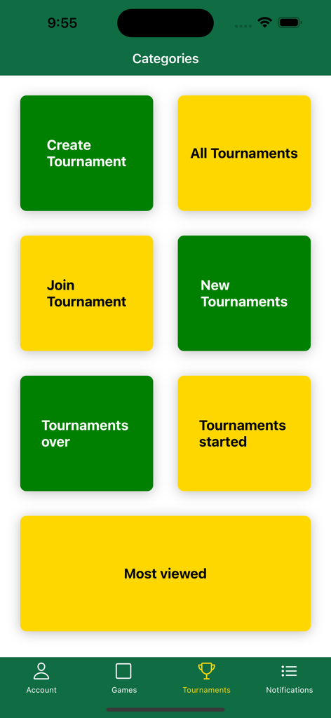 AfroDraught - AfroDraught app tournament categories screen showing options to create join and view game tournaments in a green and yellow grid interface