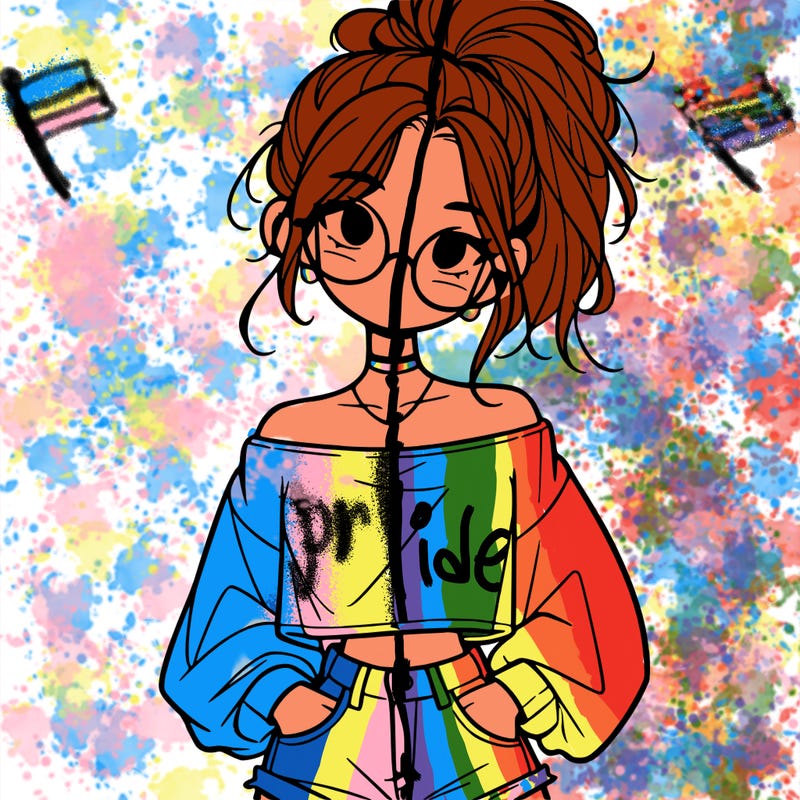 girl with a messy ponytail glasses a baggy crop top and jean shorts