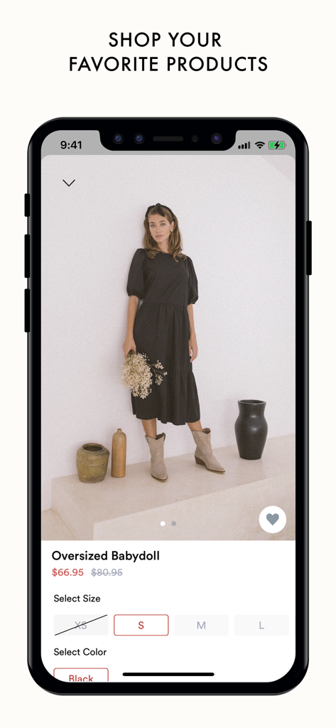 Dressbarn - Dressbarn app product page displaying an oversized babydoll dress with size and color options