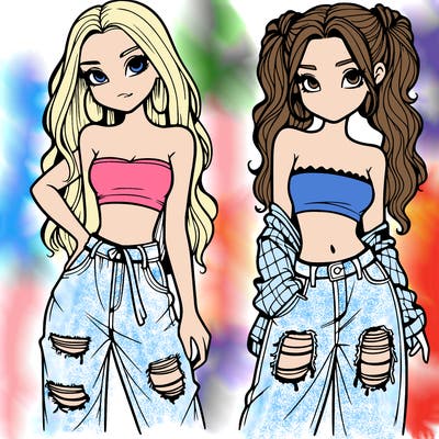 2 girls in crop tops and baggy jeans ripped