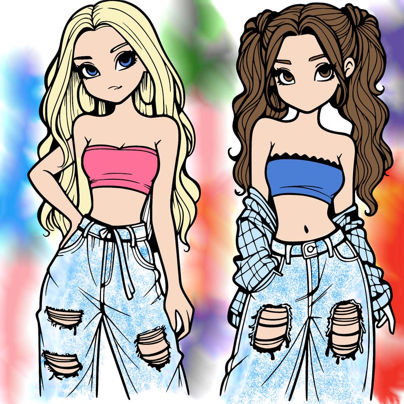 2 girls in crop tops and baggy jeans ripped