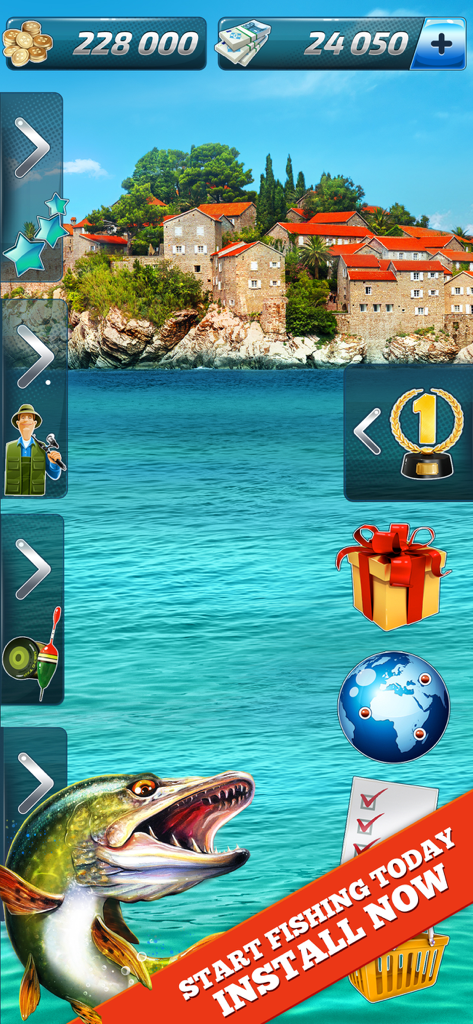 Interfaz del juego móvil Let's Fish con un paisaje costero y un pez saltando