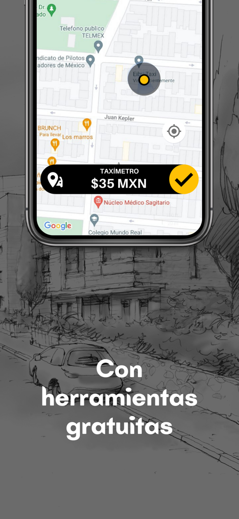 Eiby Taxista - Interfaz de la app Eiby Taxista mostrando el taxímetro digital integrado sobre un mapa de la ciudad.