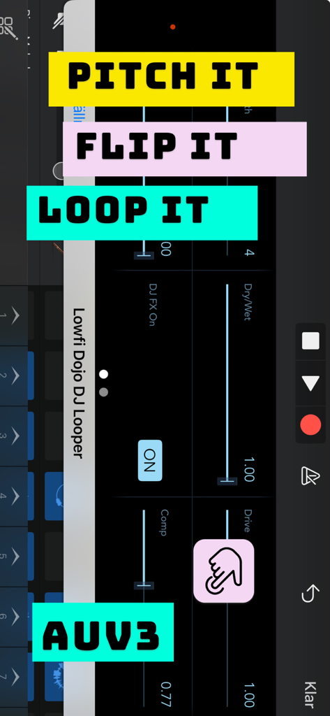 Lowfi Dojo DJ Looper AUv3 - Interfaz móvil para Lowfi Dojo DJ Looper AUv3 destacando las funciones de cambio de tono y looping para creadores de ritmos.