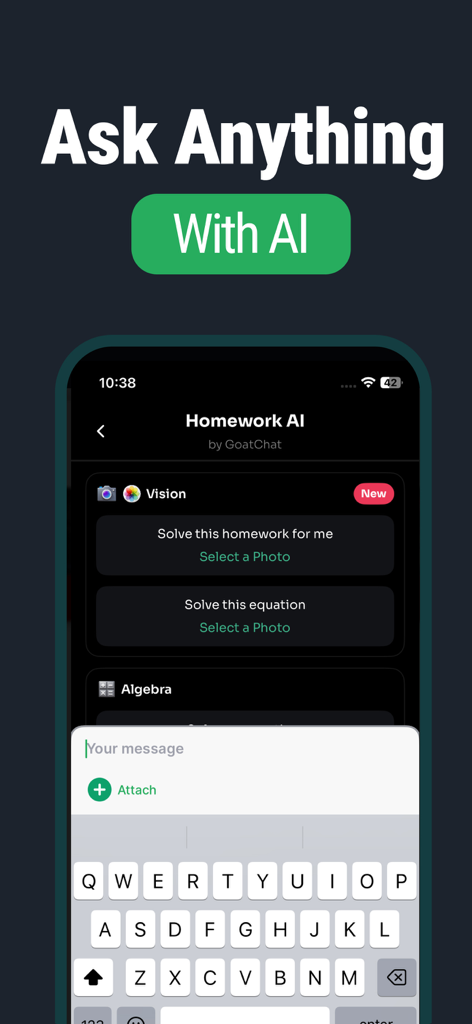GoatChat - AI Chatbot - GoatChat AI interface displaying the Homework AI vision feature for solving equations and assignments