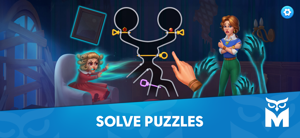 Mystery Matters Adventure Game - A spooky puzzle level in Mystery Matters featuring a scared woman and a haunted doll