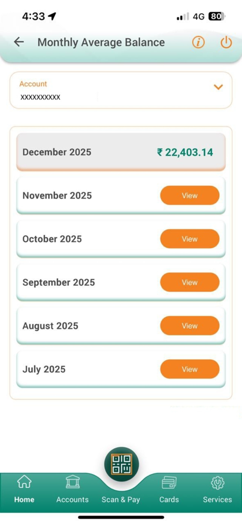 IDBI Bank GO Mobile+ - Interfaz de la aplicación IDBI Bank GO Mobile plus que muestra la pantalla del saldo promedio mensual con historial mensual y detalles de la cuenta