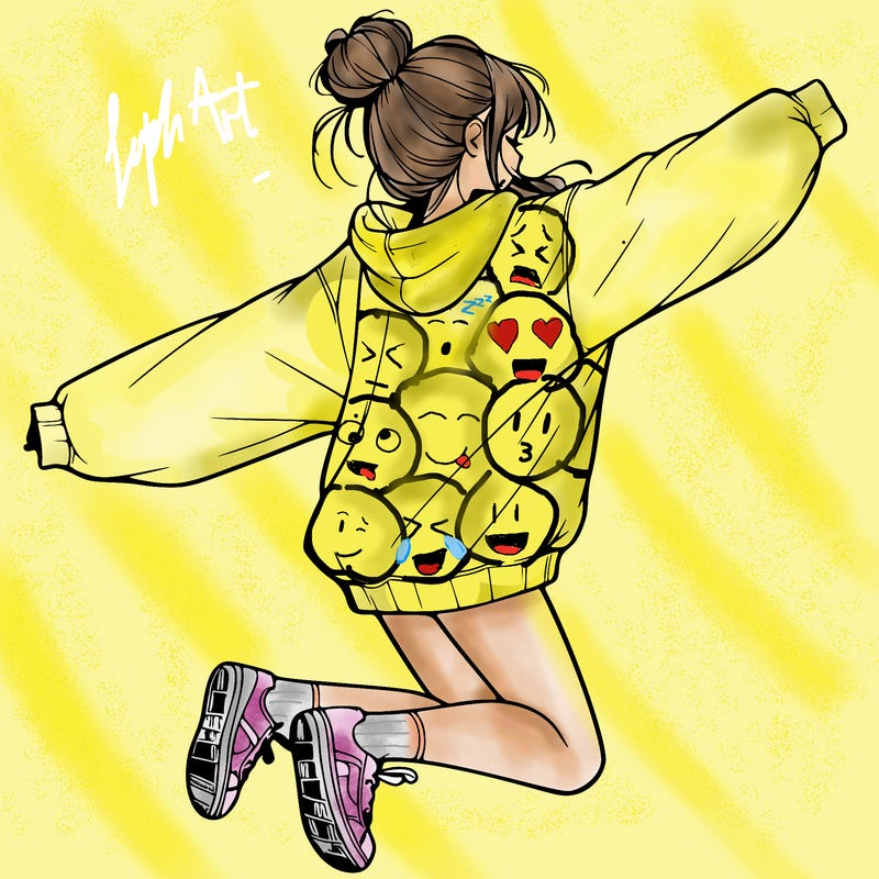 realistic girl jumping with a bun and oversized sweatshirt