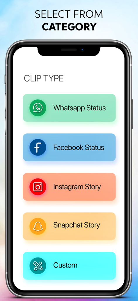Video Splitter Cut Story Maker - Interface of Video Splitter app showing options to cut videos for WhatsApp Status Facebook Status Instagram Story and Snapchat Story