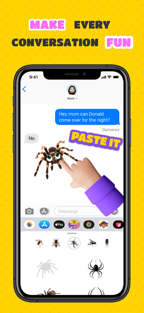 A tarantula sticker being pasted onto an iMessage conversation screen