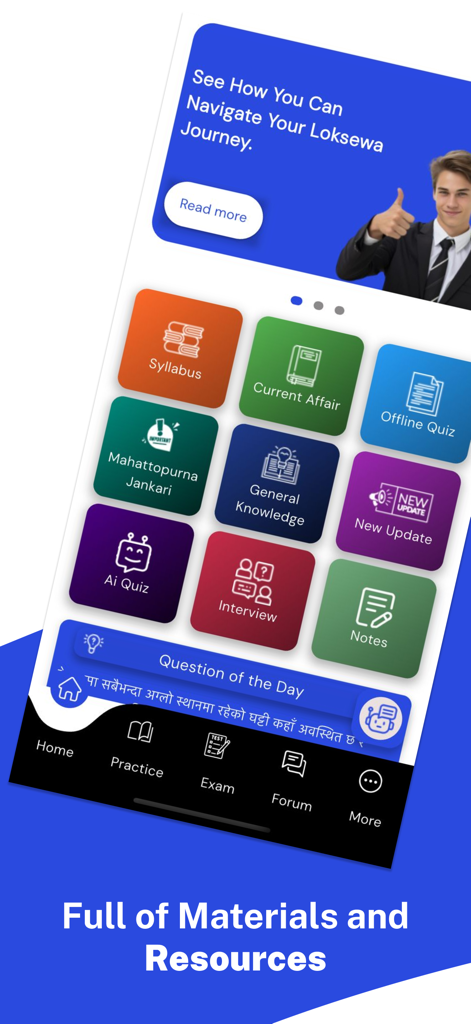 Loksewa Tayari  Offline - 2082 - The main dashboard of the Loksewa Tayari Offline app displaying categories like syllabus current affairs general knowledge and offline quizzes