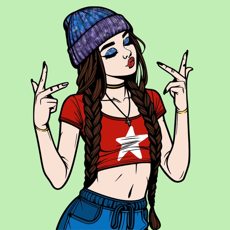 realistic teenage girl with braids and a beanie and crop top doing 🫶🏼