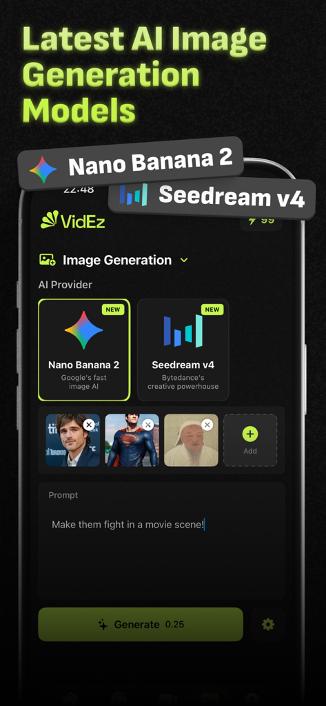 AI Video Generator: Videz - Interface of the Videz app showing AI image generation models and a prompt input field