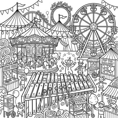 Experience the joy of the fair with this lively coloring page featuring a grand xylophone set against a bustling carnival backdrop. Delight in detailed circus tents, thrilling rides, and playful characters as you bring this festive scene to life.
