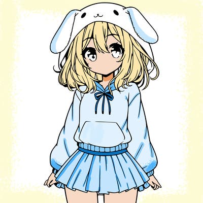 pretty anime girl wearing a fluffy hoodie with bunny ears on the hood and a skirt