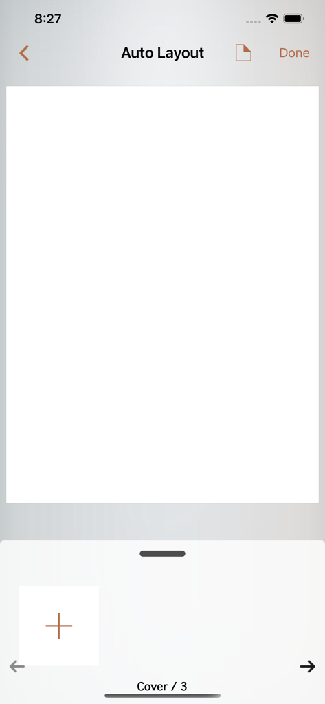 Book Writer One - Interfaz de diseño automático de la aplicación Book Writer One mostrando una portada de libro en blanco y navegación de páginas