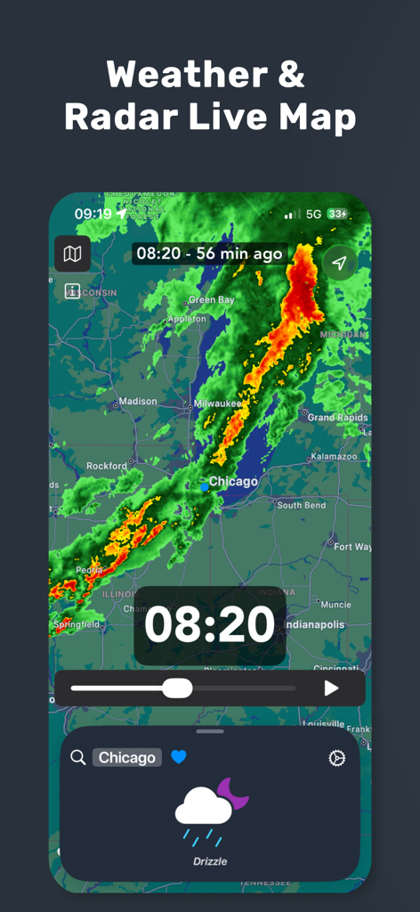 Weather + Radar: NOAA Rain Map - Pantalla de smartphone mostrando un mapa de radar de lluvia en vivo sobre Chicago con un frente de tormenta