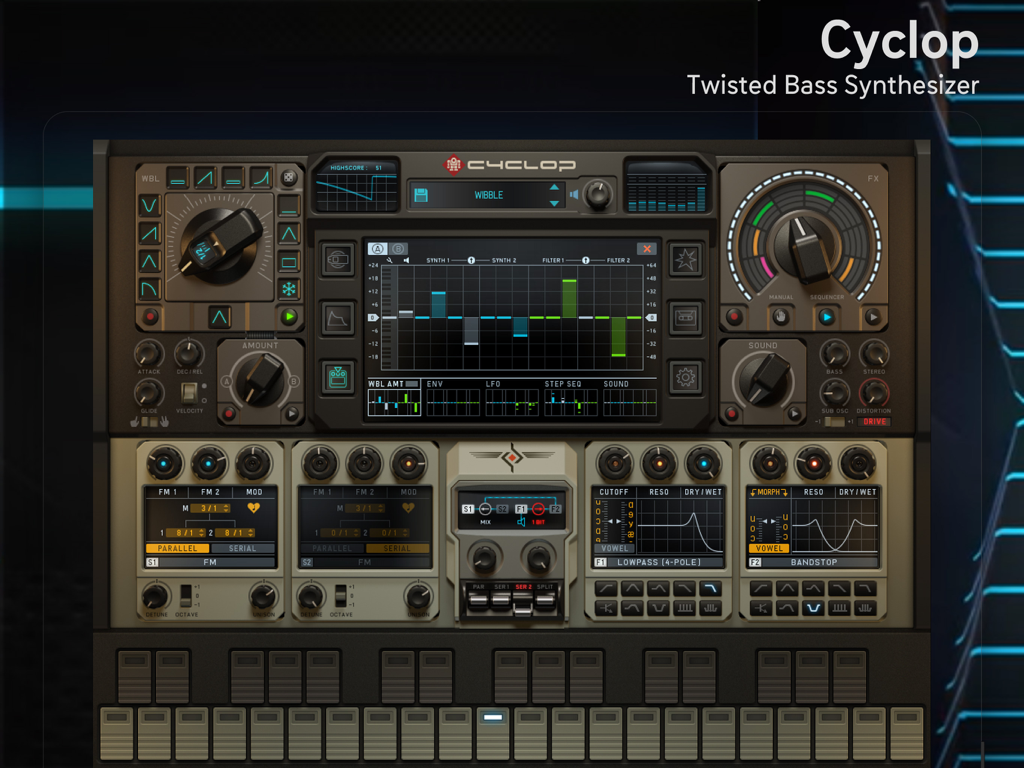Main control panel of the Cyclop monophonic bass synthesizer for iPad showing knobs and modulation filters