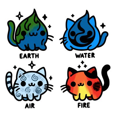 4 cats that represent the different elements, earth, water, air, and fire