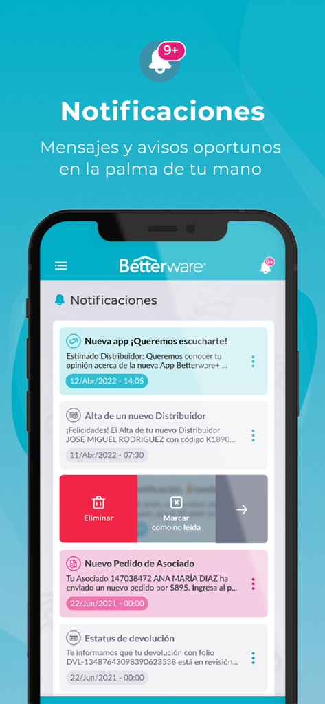 Betterware+ - Pantalla de notificaciones de la aplicación Betterware+ mostrando alertas de negocio y actualizaciones de estado de pedidos en un teléfono móvil