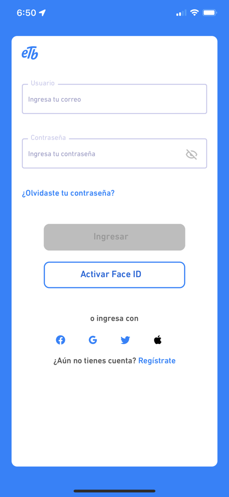 Mi ETB - Écran de connexion pour l'application mobile Mi ETB avec champs de nom d'utilisateur et de mot de passe et bouton d'activation Face ID